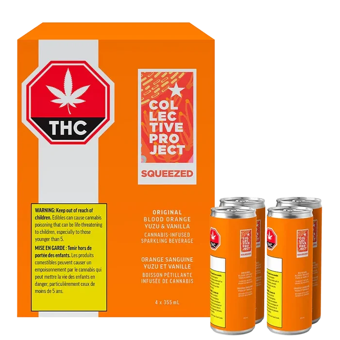 Front-facing shot of a bright orange box and four cans of Original Blood Orange Yuzu & Vanilla Sparkling Juice, the Collective Project branding and red THC symbol visible.