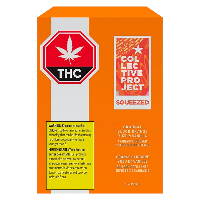 Front view of the bright orange Original Blood Orange Yuzu & Vanilla Sparkling Juice box showing a THC stop-sign label, product panel and warning block.