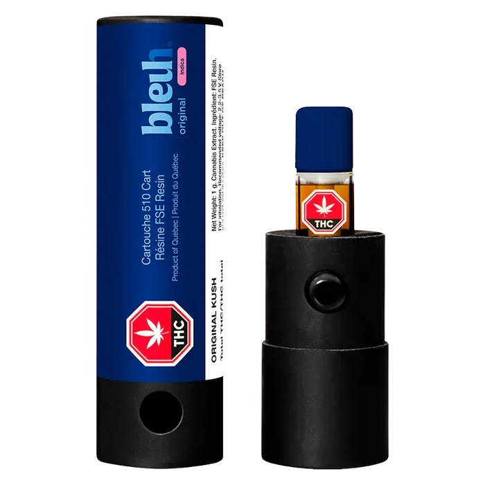 Front view of the Original Kush Live Resin Vape Cartridge showing the cartridge with blue cap inserted in a black cylindrical holder beside its blue branded tube.