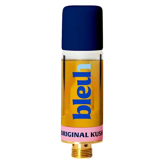 Tall, front-facing studio shot of the Original Kush Live Resin Vape Cartridge showing a clear tank of amber oil, blue cap, and pink label.