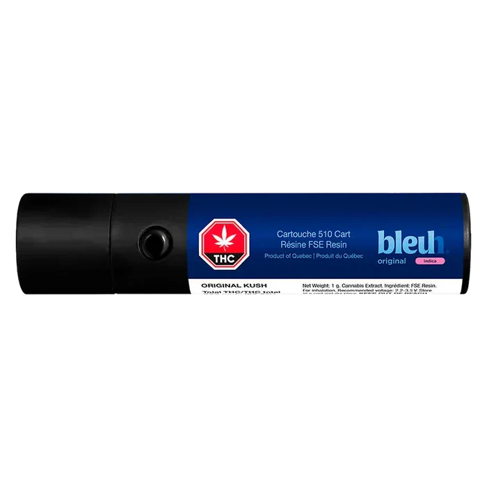 Close-up horizontal shot of the Original Kush Live Resin Vape Cartridge with blue labeled body and black mouthpiece centered on white.