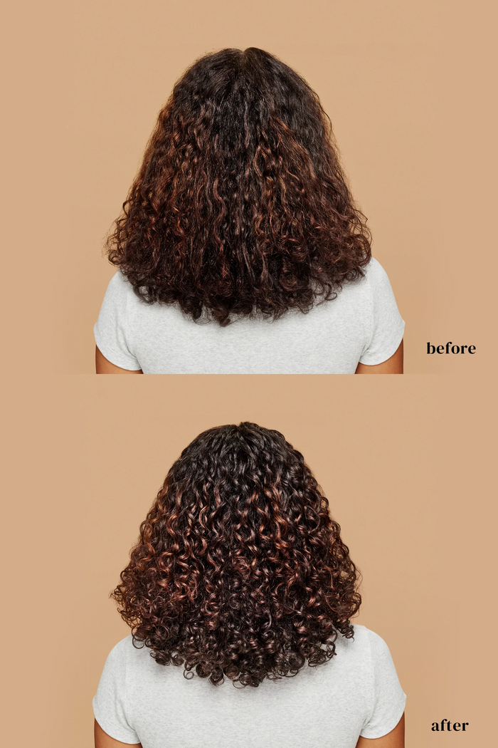 Before and after comparison of curly hair on a person with a beige background