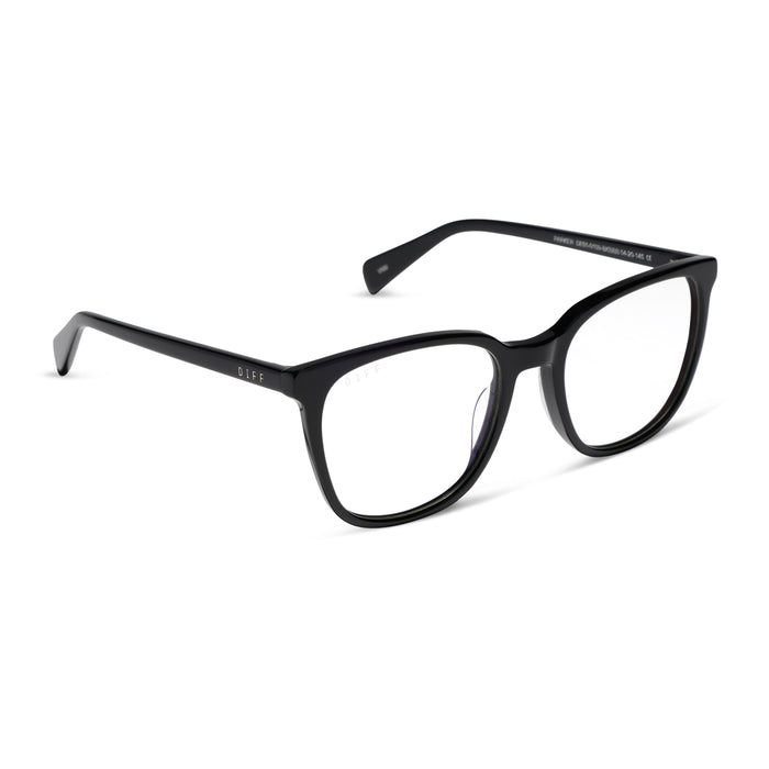 diff eyewear featuring the parker square blue light technology glasses with a black frame angled view