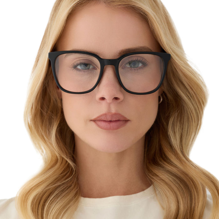 on model - female wearing diff eyewear featuring the parker square blue light technology glasses with a black frame front view