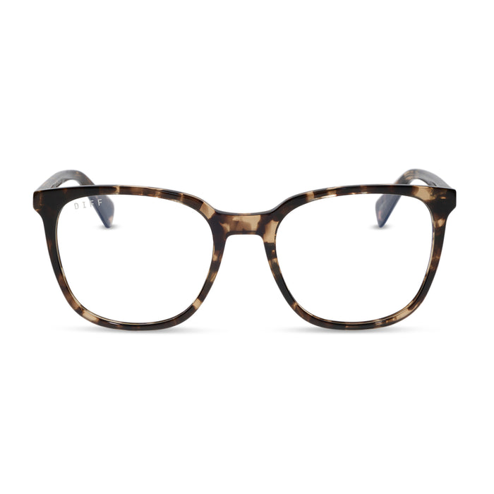 diff eyewear featuring the parker square blue light technology glasses with a espresso tortoise frame front view