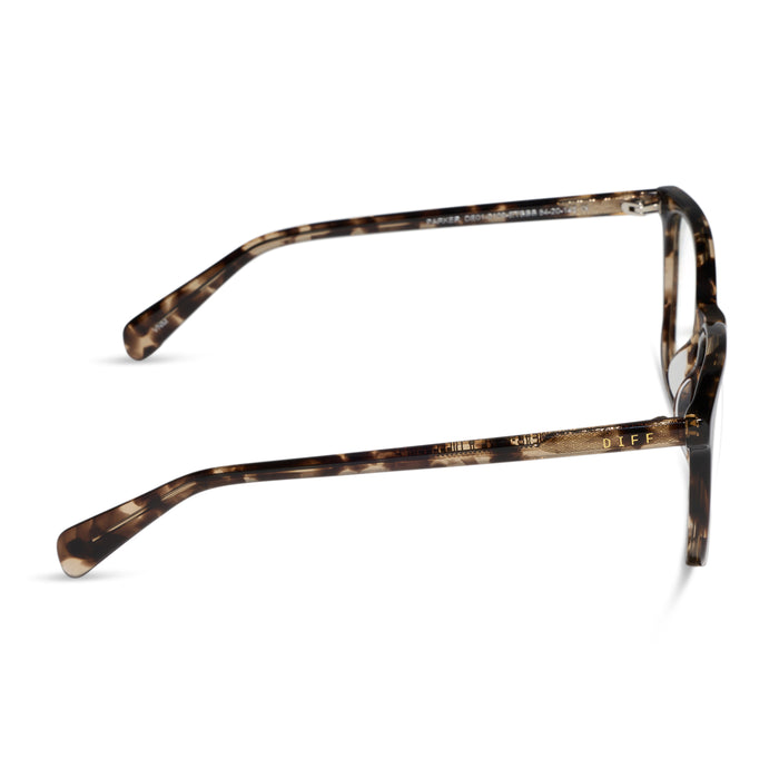 diff eyewear featuring the parker square blue light technology glasses with a espresso tortoise frame side view
