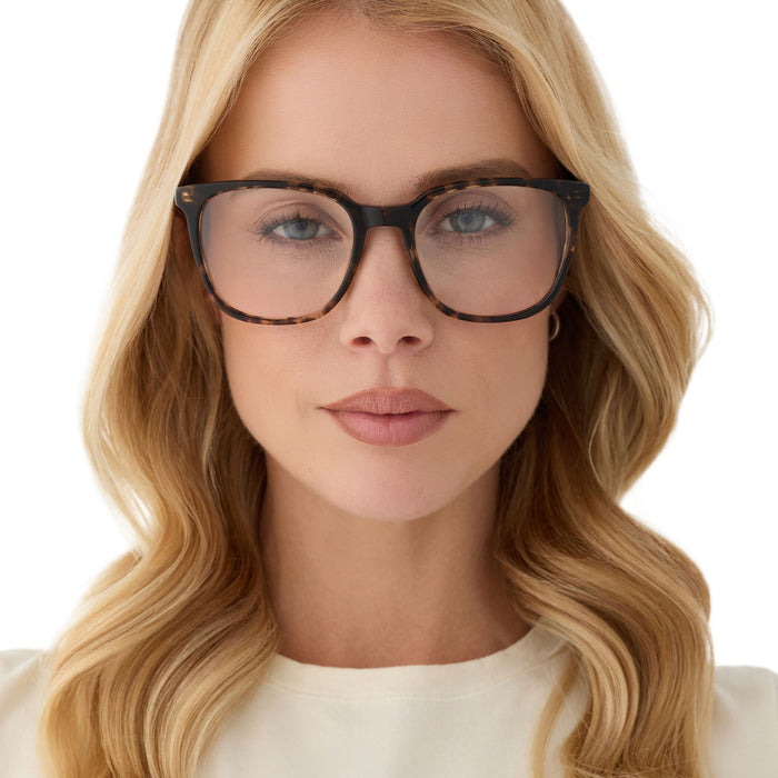 on model - female wearing diff eyewear featuring the parker square blue light technology glasses with a espresso tortoise frame front view