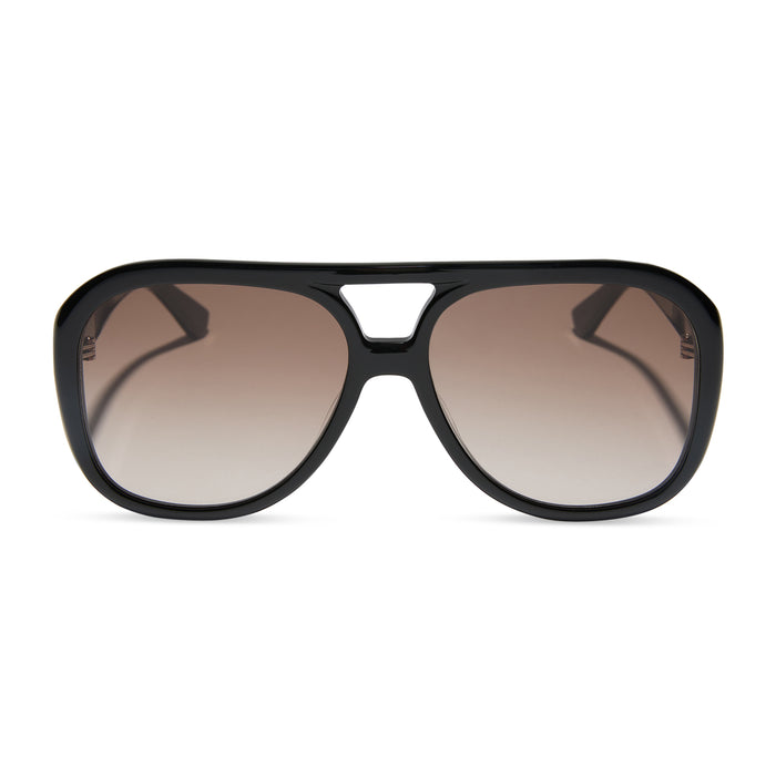 for love & lemons x diff eyewear featuring the pauline aviator sunglasses with a black acetate frame and brown gradient lenses front view