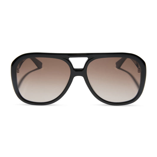 for love & lemons x diff eyewear featuring the pauline aviator sunglasses with a black acetate frame and brown gradient lenses front view