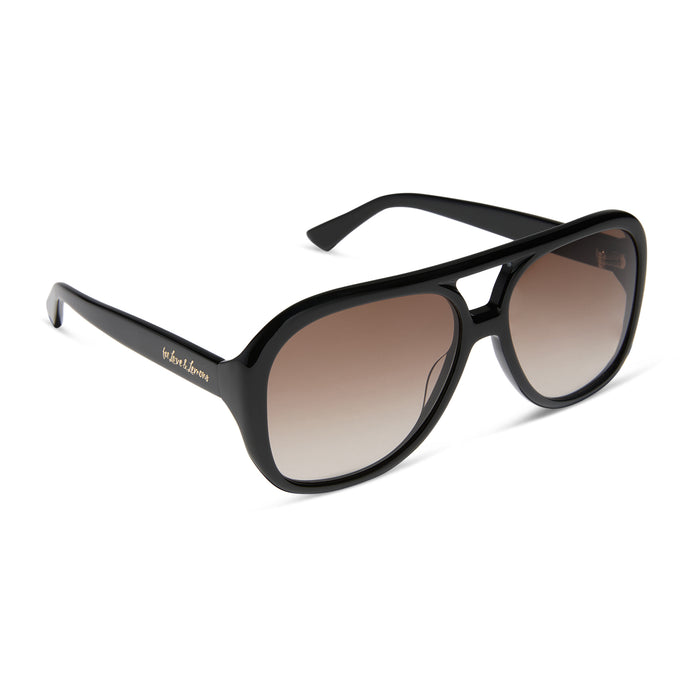 for love & lemons x diff eyewear featuring the pauline aviator sunglasses with a black acetate frame and brown gradient lenses angled view