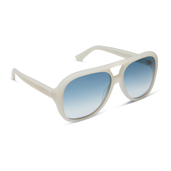 for love & lemons x diff eyewear featuring the pauline aviator sunglasses with a meringue acetate frame and blue gradient lenses angled view