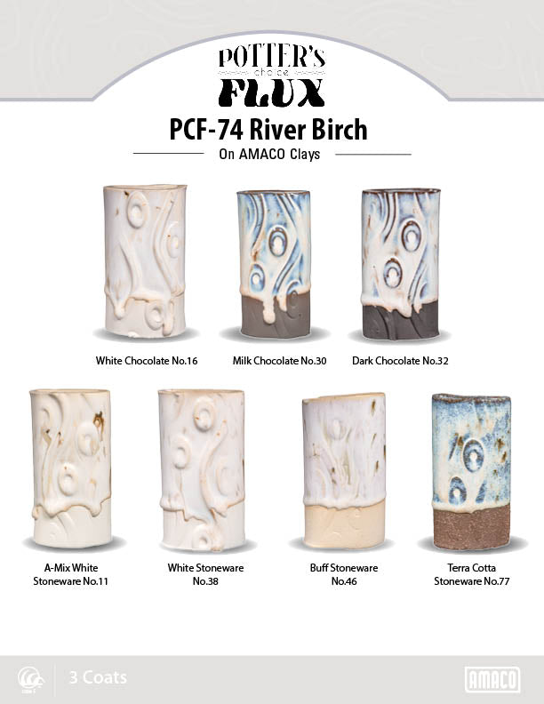 Amaco PCF-74 River Birch glaze on seven textured cylinders of Amaco clays, cream on light clays and blue on dark, 3 coats