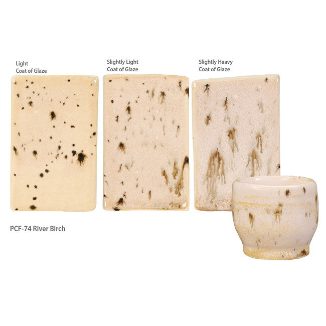 Amaco PCF-74 River Birch glaze on three tiles from light to slightly heavy coat, plus a small cup with dark streaks