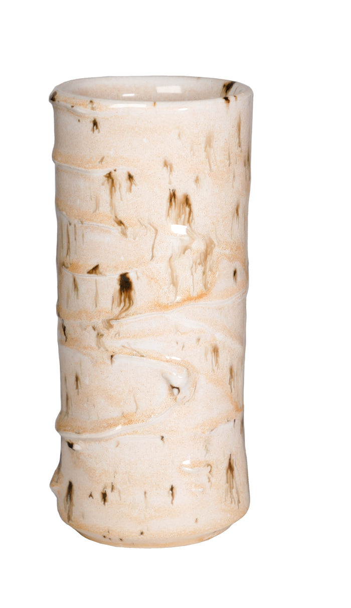 Cylinder vase in Amaco PCF-74 River Birch glaze, cream with peach float and dark bark-like drips over raised ridges