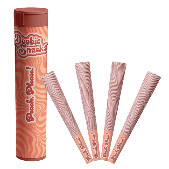 Angled front view of the cylindrical tube and four peach-striped cones, labeled "Peach Please PR 4 x 0.5 g," against a white background.