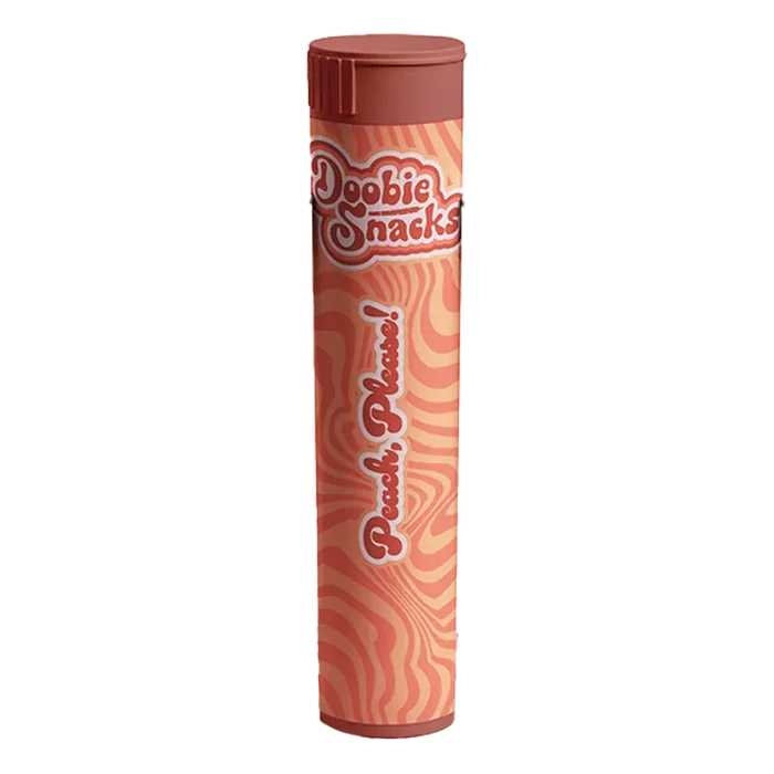 Tall front view of a peach-patterned tube labeled "Peach Please PR 4 x 0.5 g" standing upright against a white background.