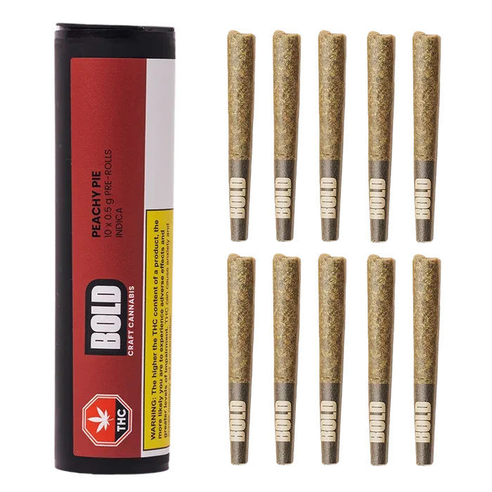 Cylinder of Peachy Pie PR 10 x 0.5 g standing left with ten pre-rolled joints arranged in two neat columns on a white background