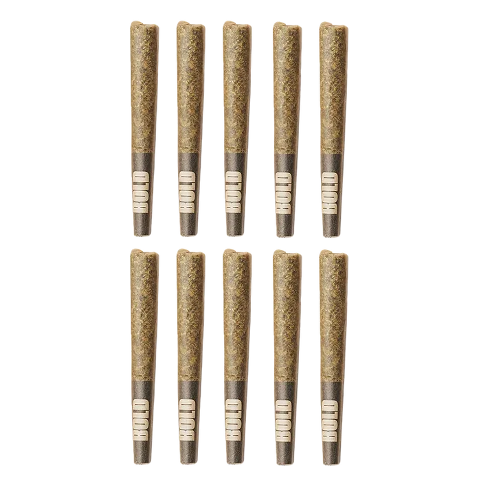 Top-down view of ten Peachy Pie PR 10 x 0.5 g pre-rolled cones arranged in two neat rows on a white background.