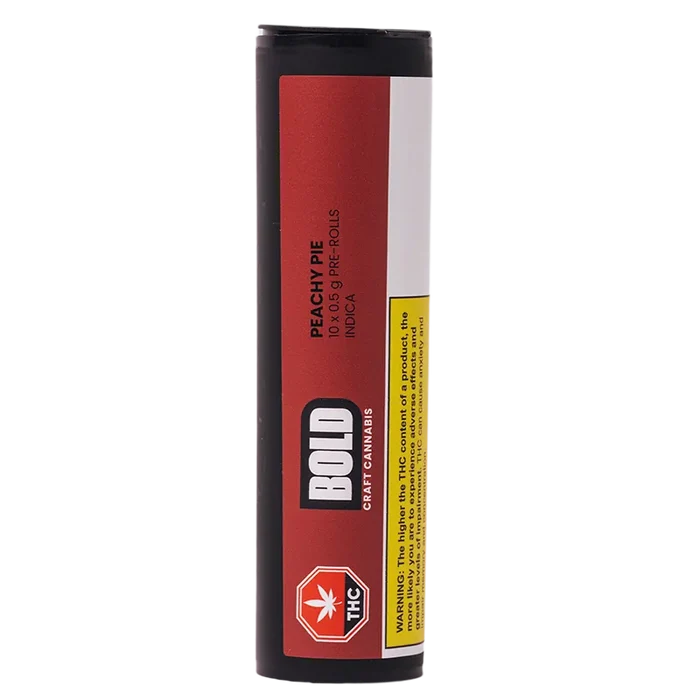 Tall front-facing tube of Peachy Pie PR 10 x 0.5 g with a red label, bold white logo and yellow warning strip on a white background