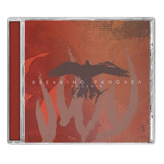 Breaking Pangaea’s Phoenix album CD cover features a dark bird with outstretched wings on a reddish-brown textured background, abstract flame shapes, bold white text, and echoes the band’s powerful live guitar performances.