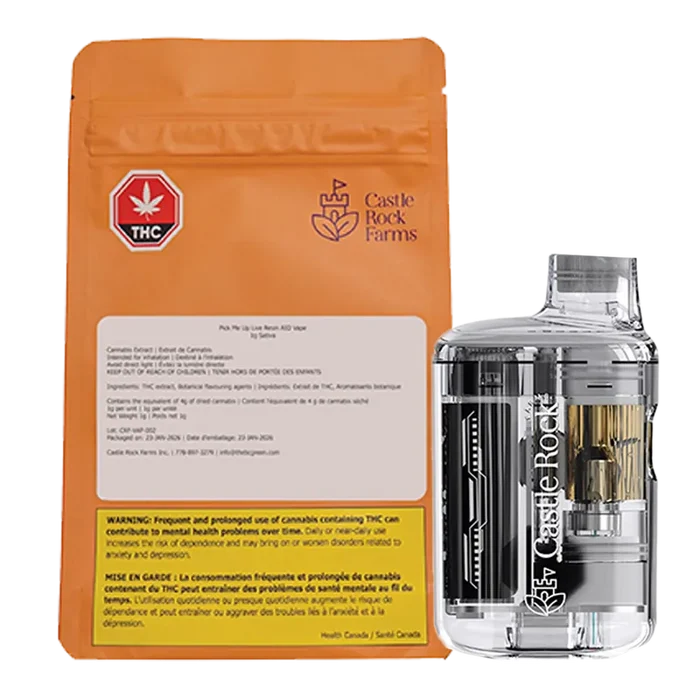 Front-facing image of a transparent cartridge beside an upright orange pouch labeled Castle Rock Farms Pick Me Up Live Resin Disposable Vape.
