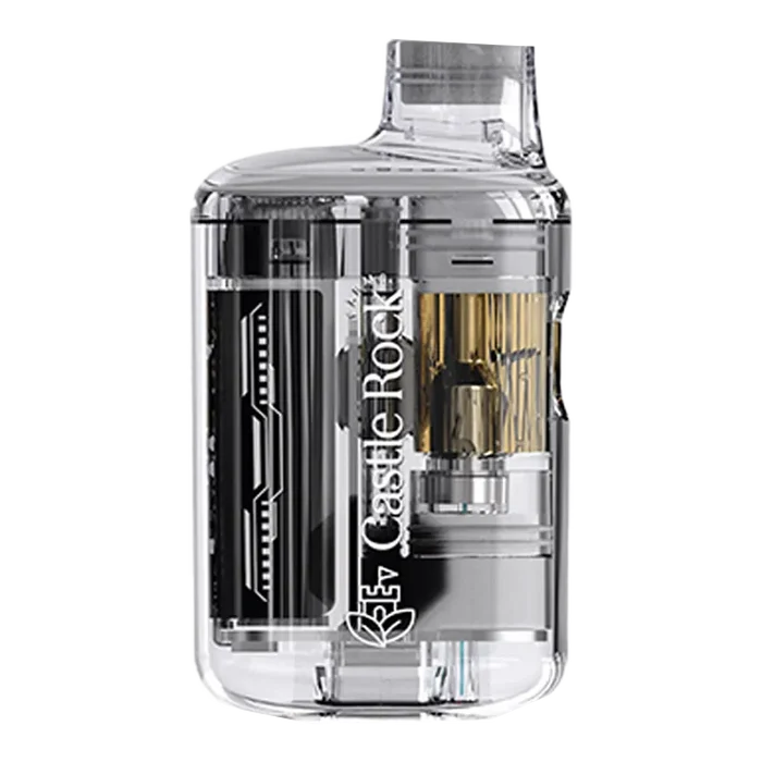 Close-up side view of the transparent Pick Me Up Live Resin Disposable Vape showing internal cartridge and black battery details with the Castle Rock logo visible.