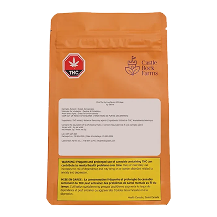 Rear view of the orange Castle Rock Farms Pick Me Up Live Resin Disposable Vape pouch with warning labels and a THC symbol.