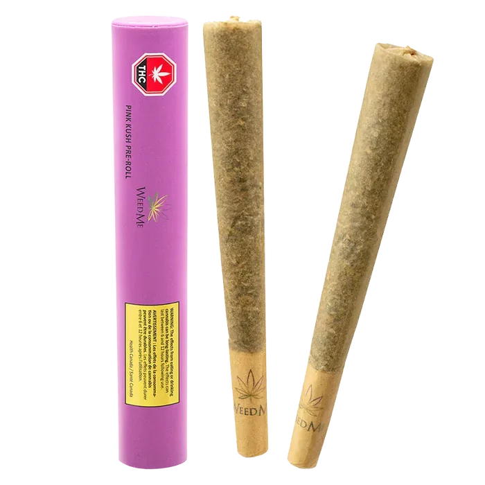 Three-quarter view of two pre-rolled joints beside a standing pink tube labeled "Pink Kush PR 2 x 1 g."