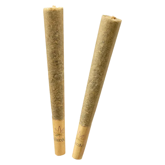 Two angled Pink Kush PR 2 x 1 g pre-rolls standing on a white background with visible leaf-logo paper tips.