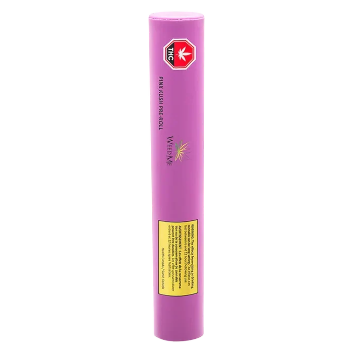 Tall front-facing shot of the pink cylindrical tube labeled Pink Kush PR 2 x 1 g with a red THC emblem and yellow warning panel.