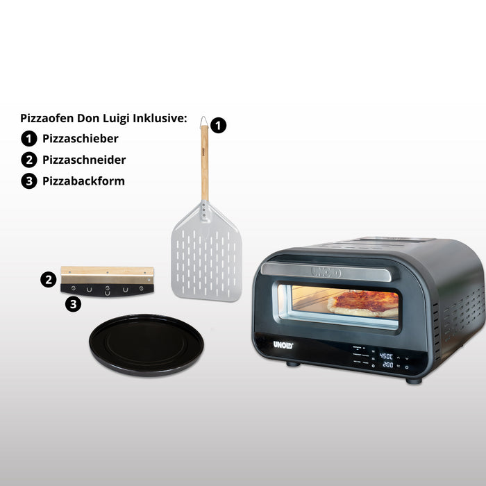 Das Unold Pizzaofen Don Luigi Set enthält einen Pizzaofen mit Pizza, einen Metallschäler mit Holzgriff, einen Pizzaschneider und ein rundes schwarzes Backblech, alles auf einem hellen Hintergrund mit beschriftetem Text.
