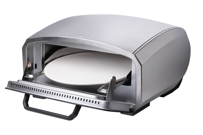 Der Unold Pizzaofen Enzo ist ein Edelstahl-Pizzaofen für den Außenbereich mit einer nach vorne zu öffnenden Tür und einem sichtbaren runden Pizzastein, der sich perfekt für die Zubereitung von hausgemachten Pizzen eignet.