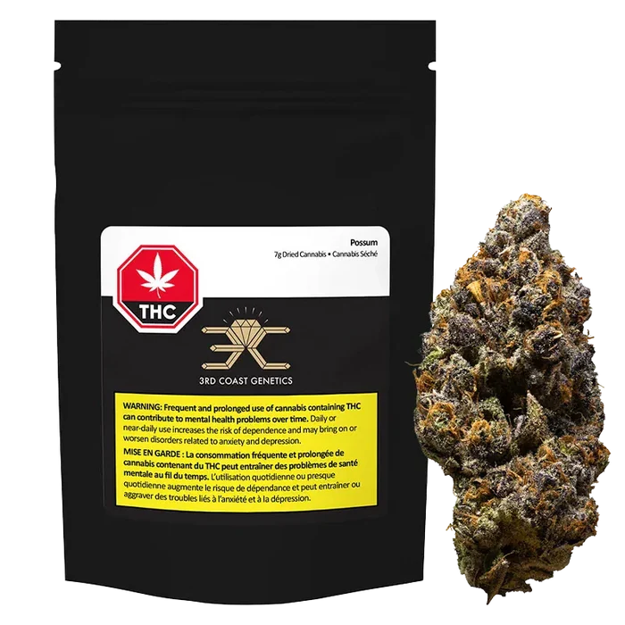 Front-facing shot of the Possum pouch by 3RD COAST GENETICS with a single frosty cannabis bud beside it on a white background.