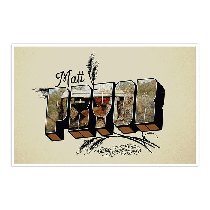 A postcard-style graphic with bold PRYOR letters featuring rural scenes and wheat on a beige background, accented by Matt Pryor and Momento Mori in decorative fonts, designed to look like a signed litho. Brand: Matt Pryor.