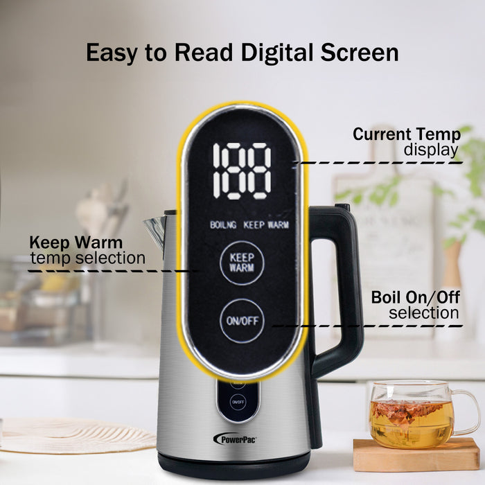 PowerPac Digital Kettle, Electric Kettle, Cordless Kettle Jug 1.7L Stainless Steel (PPJ2032)