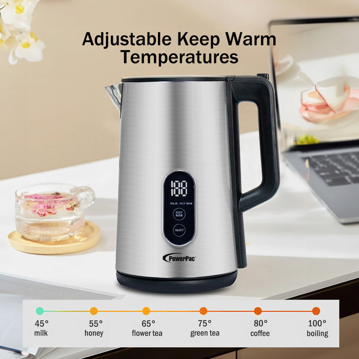 PowerPac Digital Kettle, Electric Kettle, Cordless Kettle Jug 1.7L Stainless Steel (PPJ2032)