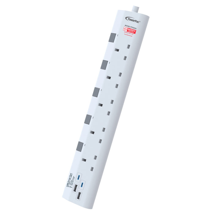 PowerPac Extension Cord, Extension Socket 3 Metre 5 way with 2xUSB-A & 2xUSB-C Charger (PP9225U)