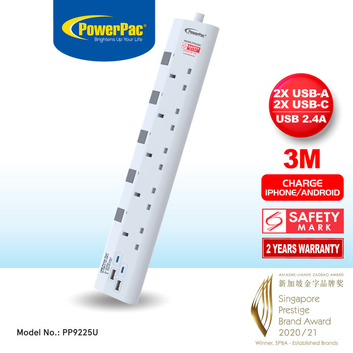 PowerPac Extension Cord, Extension Socket 3 Metre 5 way with 2xUSB-A & 2xUSB-C Charger (PP9225U)
