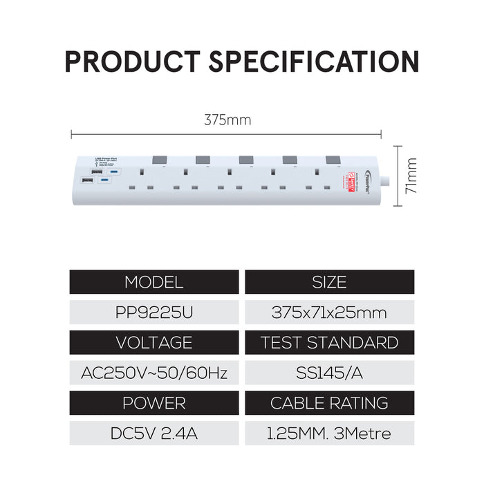 PowerPac Extension Cord, Extension Socket 3 Metre 5 way with 2xUSB-A & 2xUSB-C Charger (PP9225U)