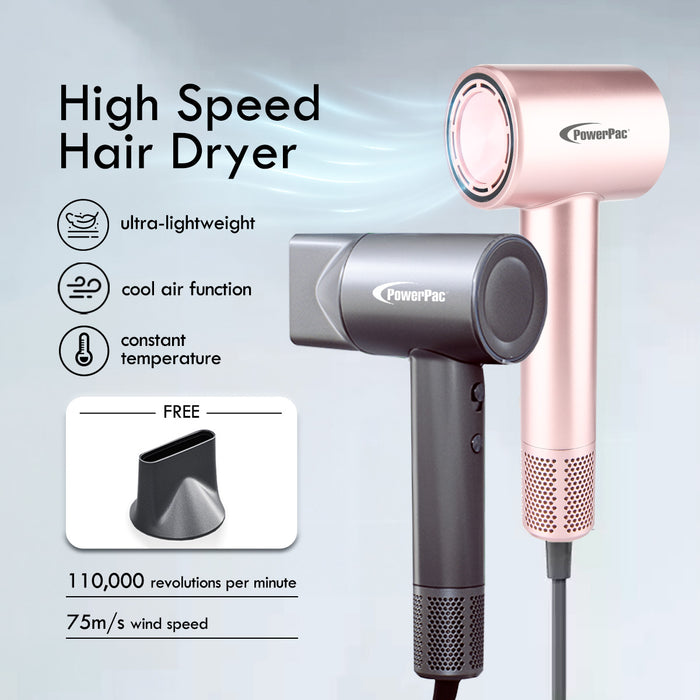 PowerPac Hair Dryer with cool air, High Speed Hair Dryer, 1600W (PPH2858) GREY