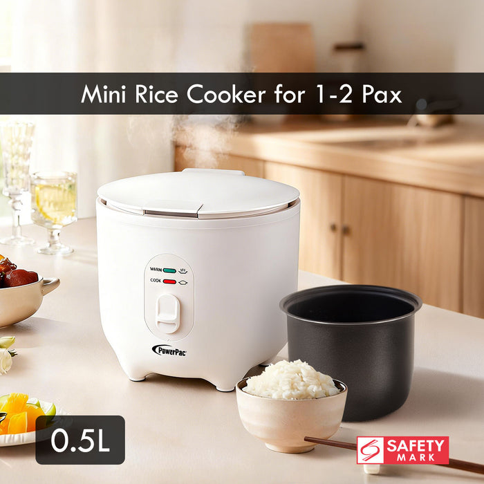 PowerPac Mini Rice Cooker, Personal Rice Cooker 0.5L with non-stick Inner Pot (PPRC607) Ivory