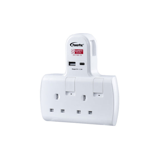 PowerPac Multi Plug Extension Adapter with 2 Way adapter, USB-A, USB-C, 2 Way Socket Adaptor (PP292U)