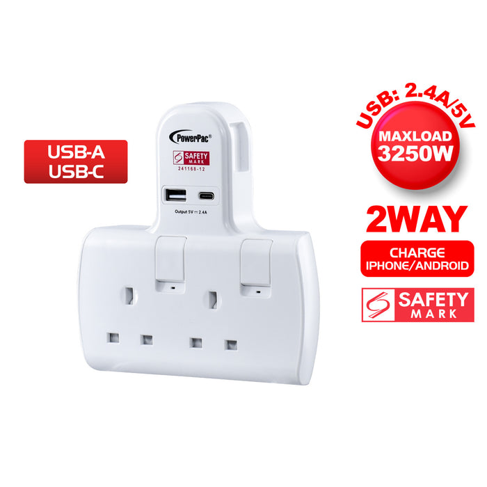 PowerPac Multi Plug Extension Adapter with 2 Way adapter, USB-A, USB-C, 2 Way Socket Adaptor (PP292U)