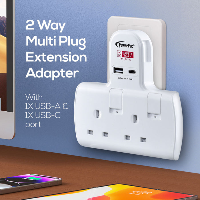 PowerPac Multi Plug Extension Adapter with 2 Way adapter, USB-A, USB-C, 2 Way Socket Adaptor (PP292U)