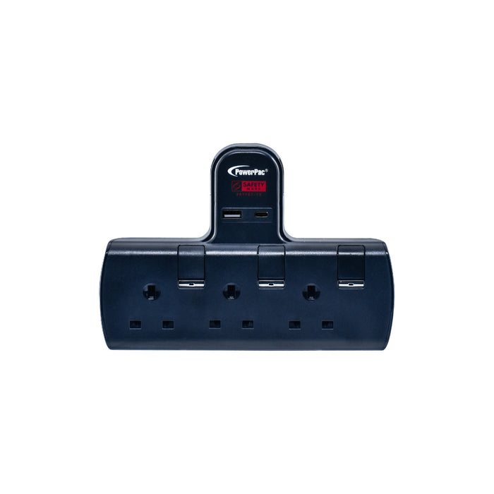 PowerPac Multi Plug Extension Adapter with 3 Way adapter, USB-A, USB-C, 3 Way Socket Adaptor (PP293UBK)