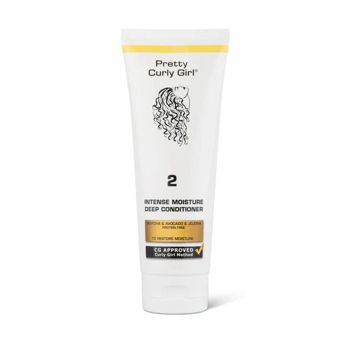 A tube of Pretty Curly Girl Intense MOISTURE Deep Conditioner, with a white body and yellow label, step 2 indicated, and an illustration of a girl with curly hair.