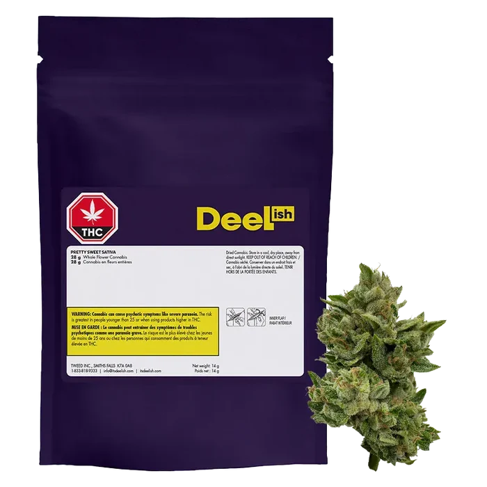 Front view of a purple pouch and a green bud with the DeeLish Pretty Sweet label visible on the pouch.