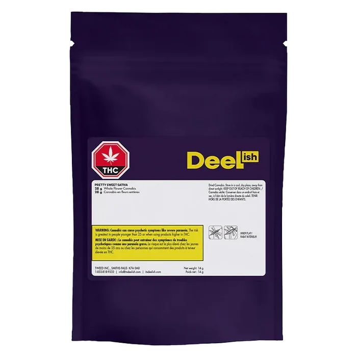 Front-facing pouch shot of a deep purple bag labeled "Pretty Sweet" with a white warning panel and yellow DeeLish logo.