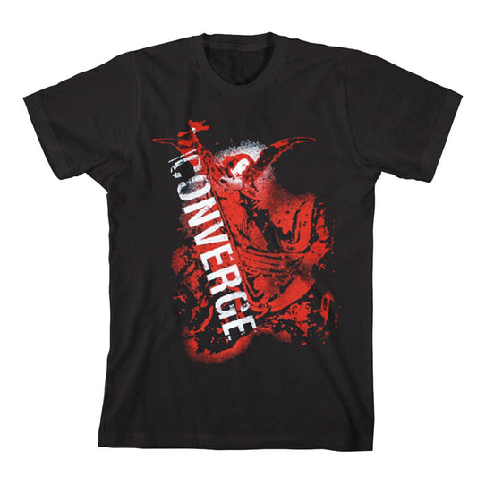 Black Converge T-shirt with red and white abstract art and the word CONVERGE printed diagonally on the front, inspired by Converge Protectors.