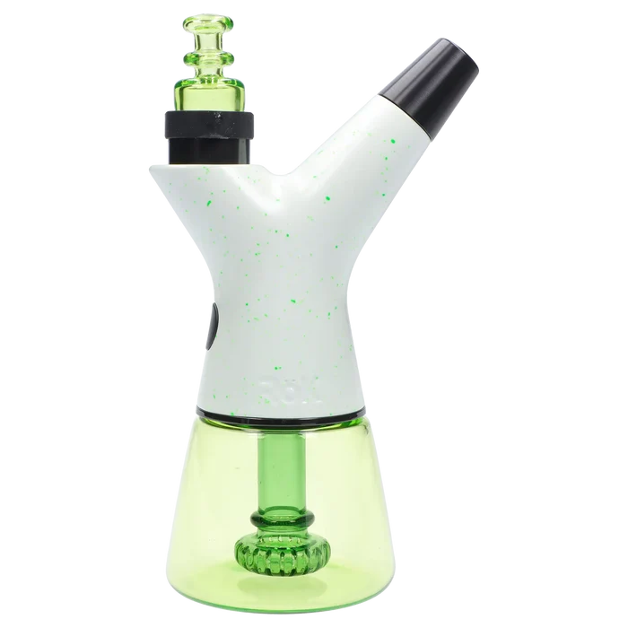 Side view of the Pulsar Rok - Limited Edition - Luna showing a white speckled Y-shaped top with a black mouthpiece and a translucent green glass base.